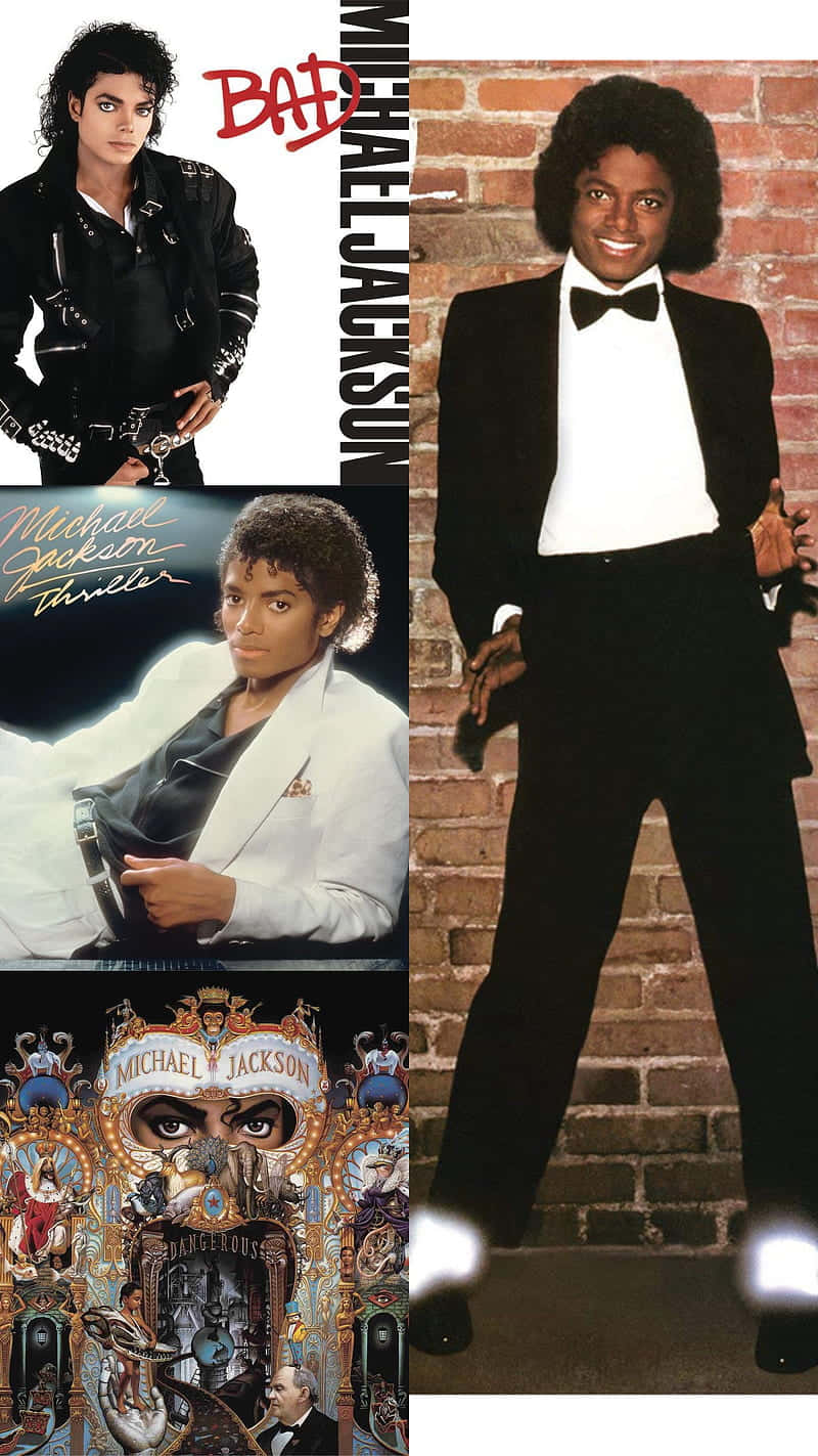 桌布 壁紙 — 麥可傑克森以專輯《Bad》和《Thriller》中的標誌性姿勢，背景為磚牆和專輯藝術背景。