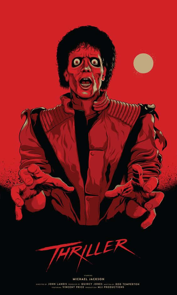Michael Jackson Thriller 桌布 壁紙 — 麥可傑克森以經典《Thriller》姿勢，襯托血紅色背景與蒼白月亮。