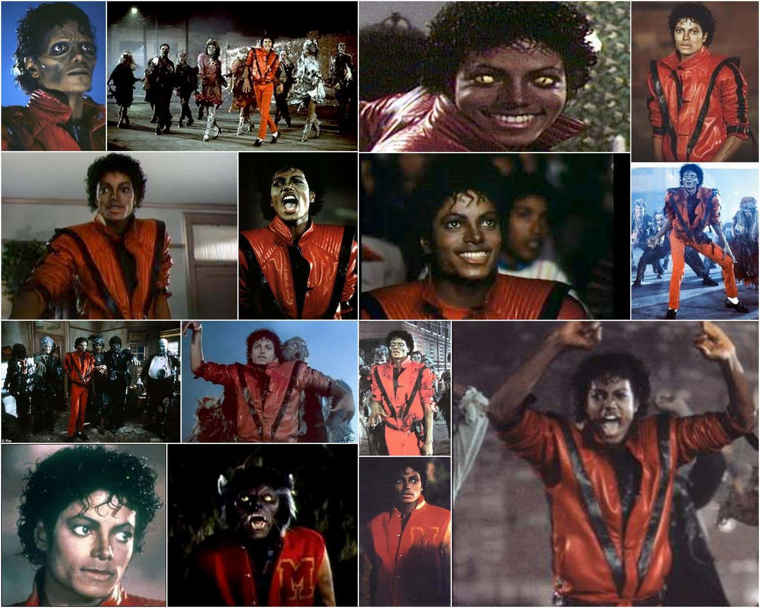 Michael Jackson Thriller 桌布 壁紙 — 麥可傑克森在《Thriller》音樂錄影帶中標誌性紅色服裝的拼貼畫，展現戲劇性的表情和舞蹈動作。