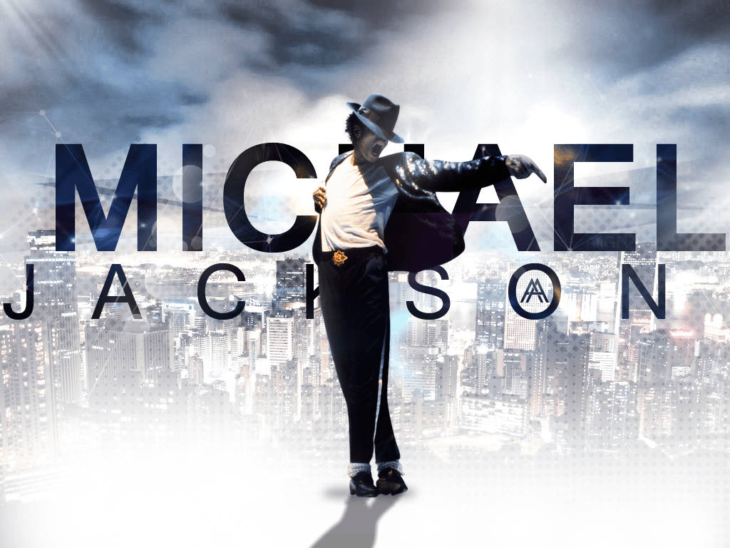 michael 桌布 壁紙 — 麥可傑克森戴著紳士帽、穿著亮片外套，在發光的城市天際線前擺出動感姿勢，他的名字以粗體字顯示。