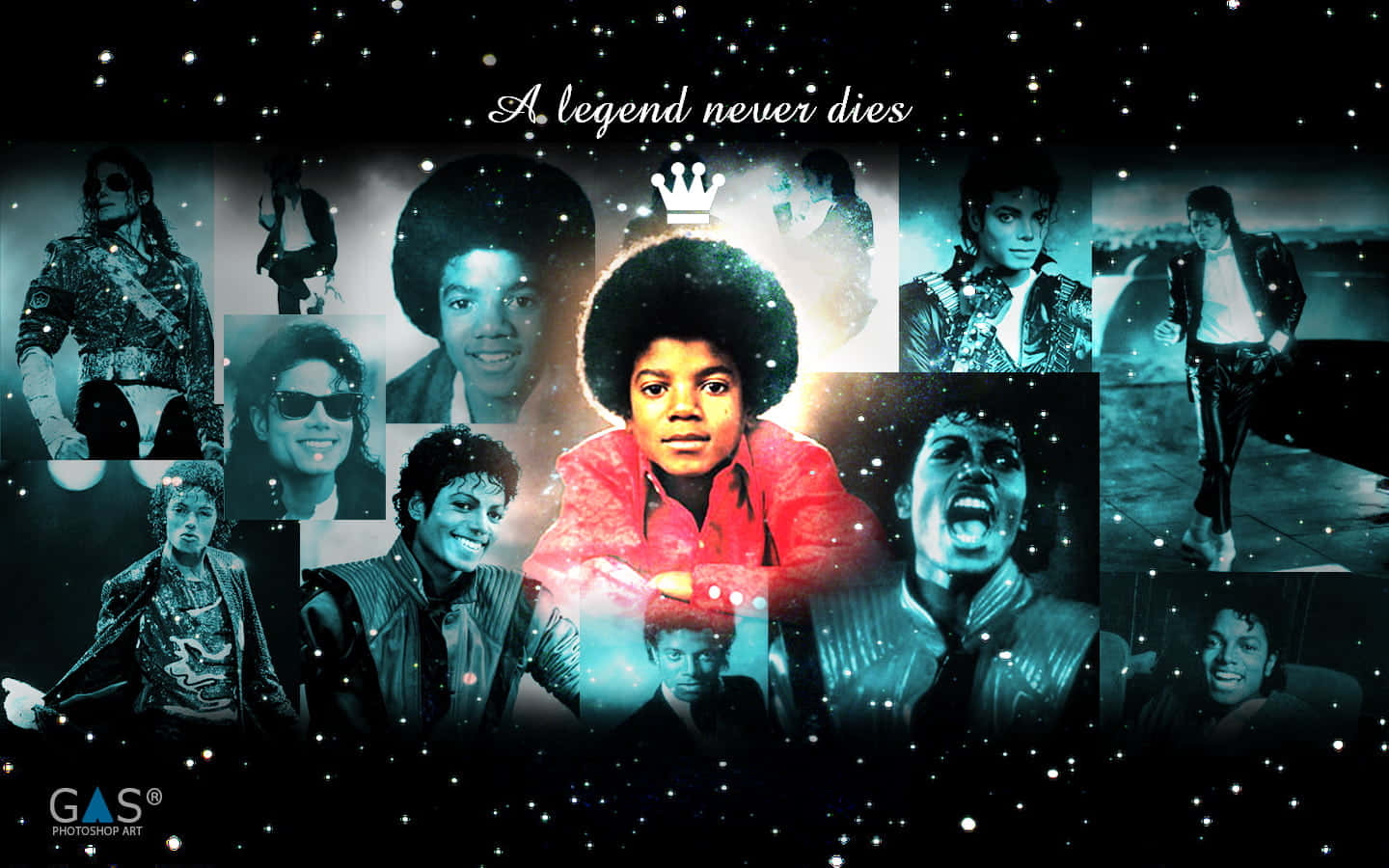 Young Michael Jackson 桌布 壁紙 — 麥可傑克森標誌性時刻的星空拼貼，閃耀著宇宙光芒與皇冠。