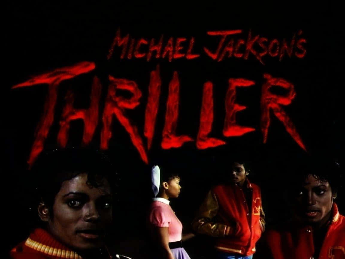 Michael Jackson Thriller 桌布 壁紙 — 麥可傑克森的Thriller專輯封面，帶有紅色滴落文字和黑暗陰影中的人物。