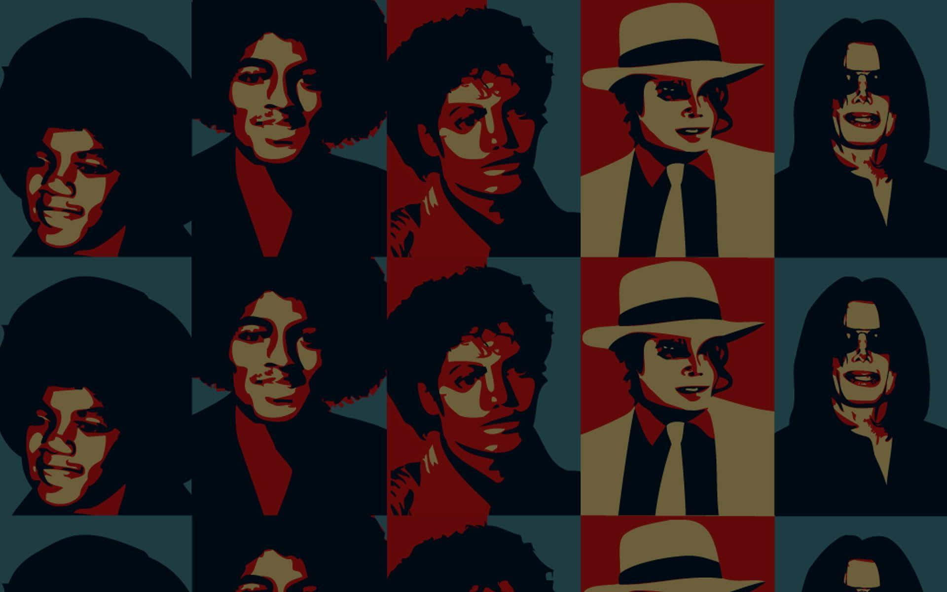 Michael Jackson Thriller 桌布 壁紙 — 麥可傑克森的普普藝術拼貼，展示多種標誌性姿勢和服裝，背景為大膽的紅色和藍綠色。