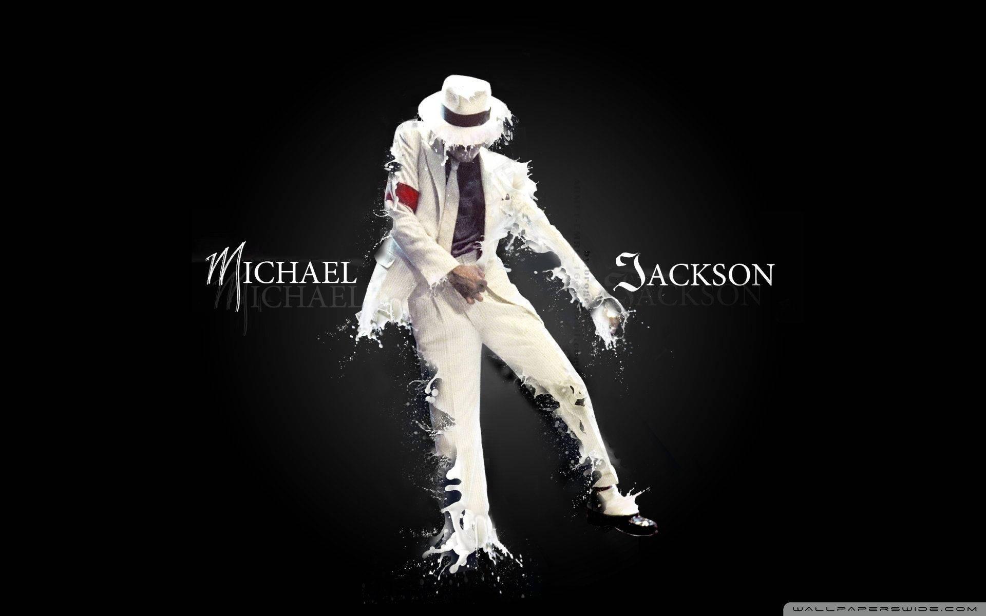 michael 桌布 壁紙 — 麥可傑克森身穿標誌性白色西裝和帽子，看似在黑色背景上溶解成飛濺的白色油漆。