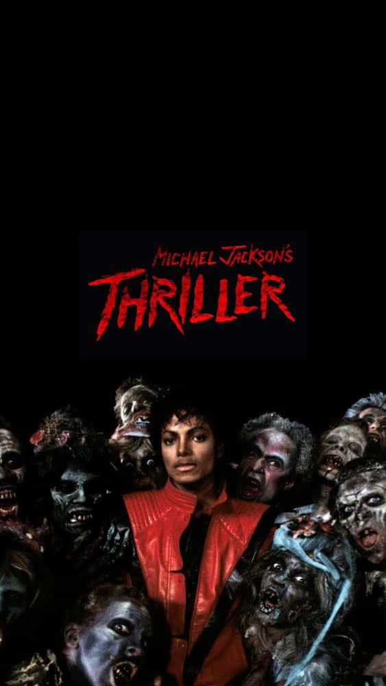 Michael Jackson Thriller 桌布 壁紙 — 麥可傑克森身穿紅色外套，被殭屍包圍，背景為黑色，上方有發光的紅色Thriller標題。