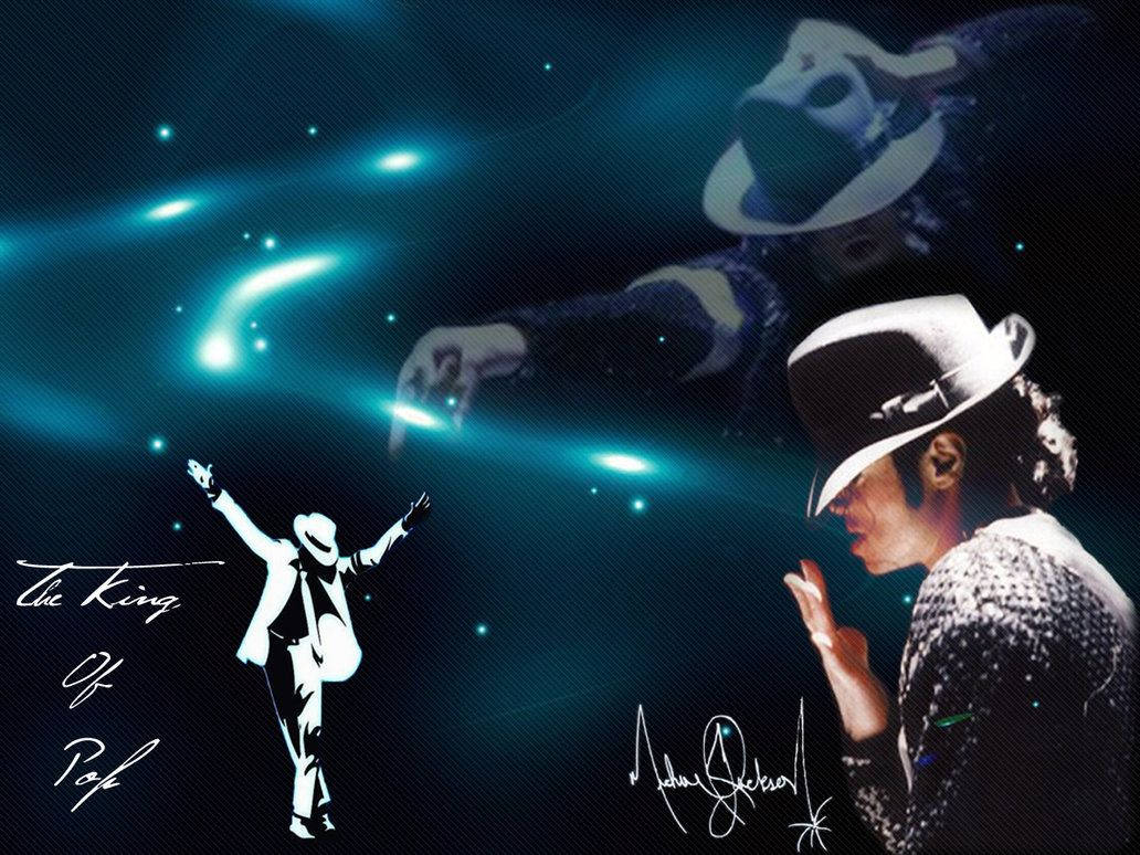 michael 桌布 壁紙 — 麥可傑克森身穿閃亮服裝和軟氈帽，背景為宇宙藍色，帶有發光光跡和剪影。