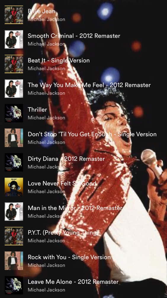 Michael Jackson Thriller 桌布 壁紙 — 麥可傑克森身穿閃亮紅色外套，在舞台燈光下熱情表演，專輯封面垂直列出。