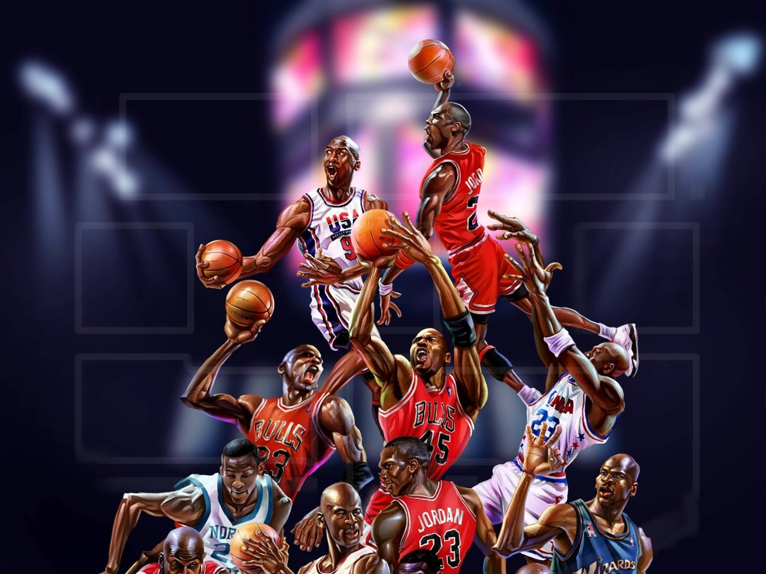 籃球 Jordan 桌布 壁紙 — 麥可喬丹及其他NBA傳奇人物在場館燈光下躍起爭奪籃球主導權的動態數位藝術作品。