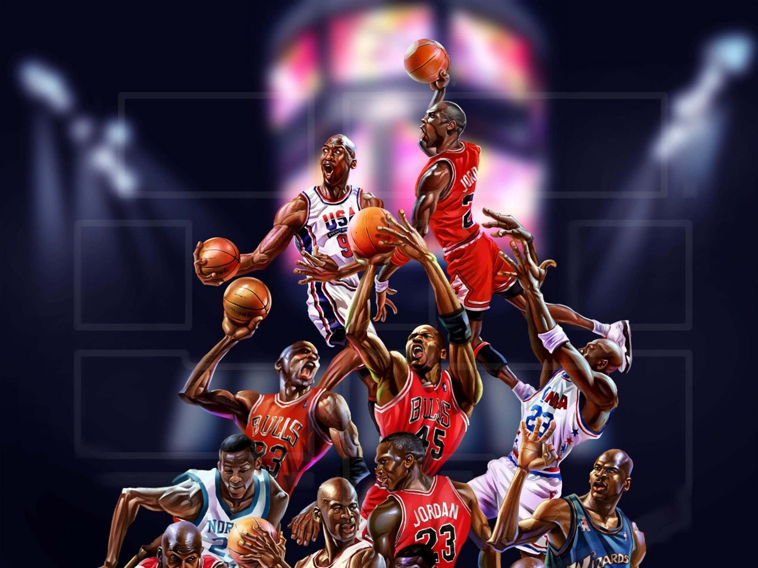 Jordan 桌布 壁紙 — 麥可喬丹及其他NBA傳奇人物在場館聚光燈下躍起爭奪籃球主導權的動態數位藝術作品。