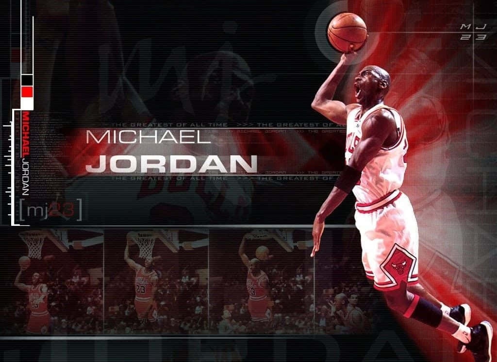 Michael Jordan Dunk 桌布 壁紙 — 麥可喬丹在半空中跳起，手持籃球，專注地對著動態的紅黑數位背景。