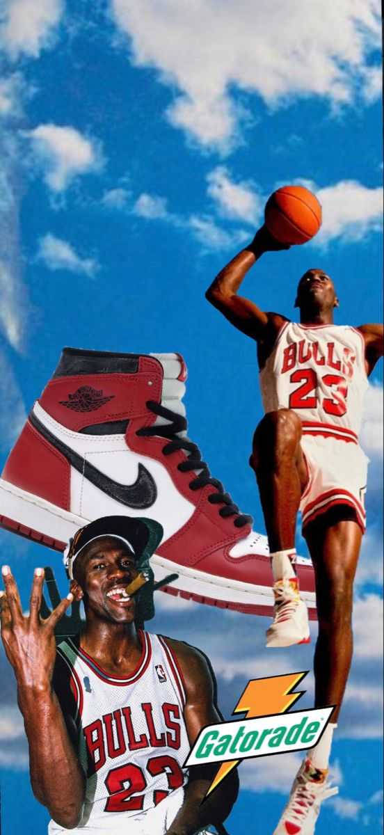 麥可喬丹身穿公牛隊球衣投籃，附近漂浮著一雙巨大的Air Jordan運動鞋。 — Michael B Jordan 壁紙