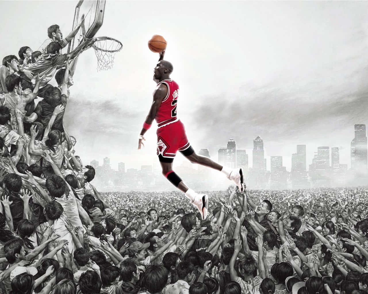 麥可喬丹在半空中灌籃，背景是城市天際線和歡呼的人群。 — Michael B Jordan 壁紙