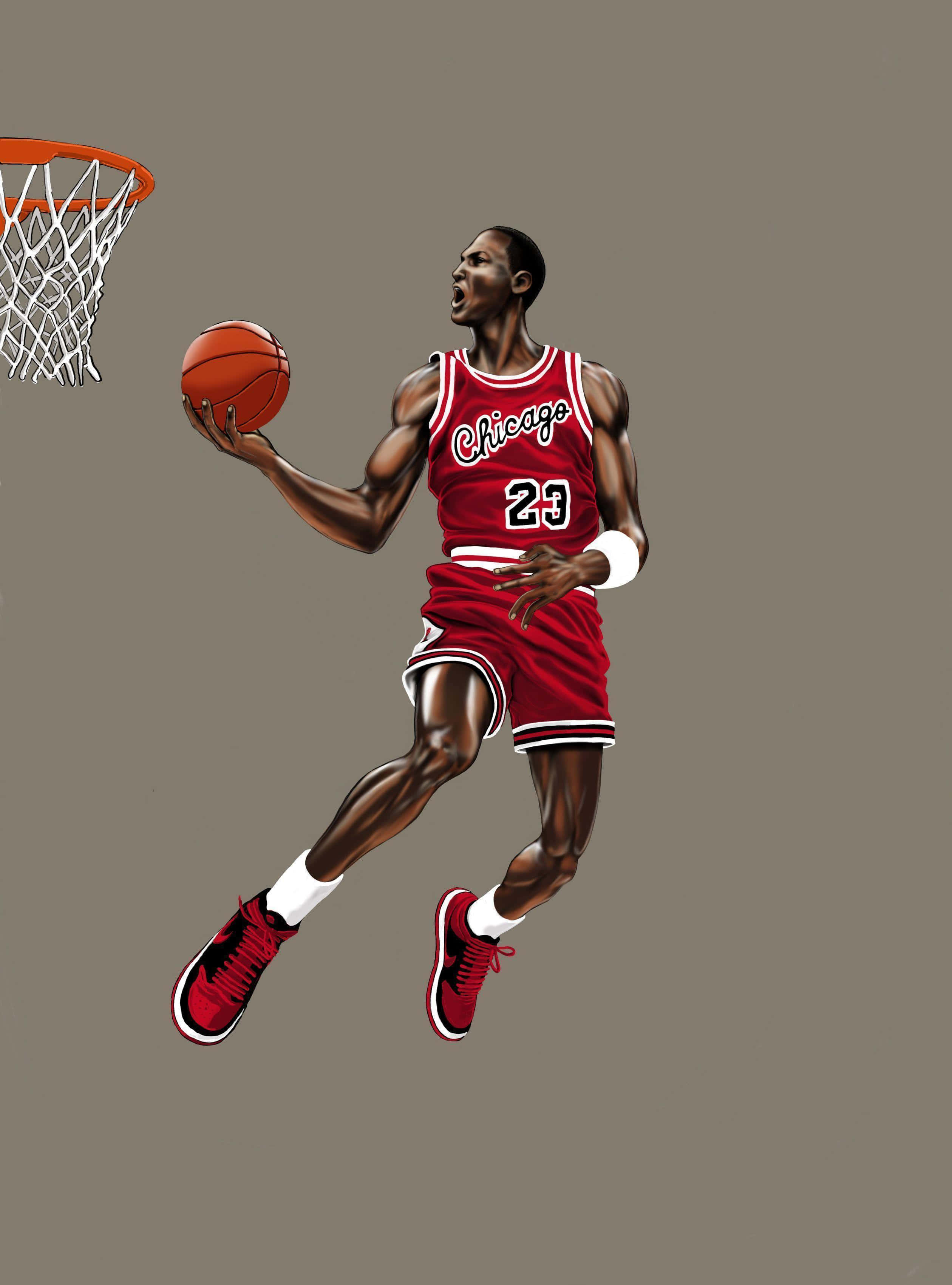 Michael Jordan Dunk 桌布 壁紙 — 麥可喬丹穿著標誌性紅色芝加哥公牛隊球衣在空中灌籃的插圖。