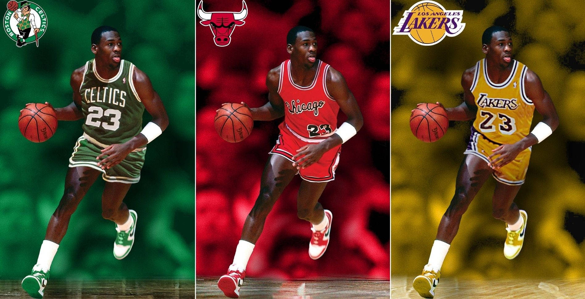 籃球 Jordan 桌布 壁紙 — 麥可喬丹身穿三件標誌性球衣，在充滿活力的球隊顏色背景前運球。