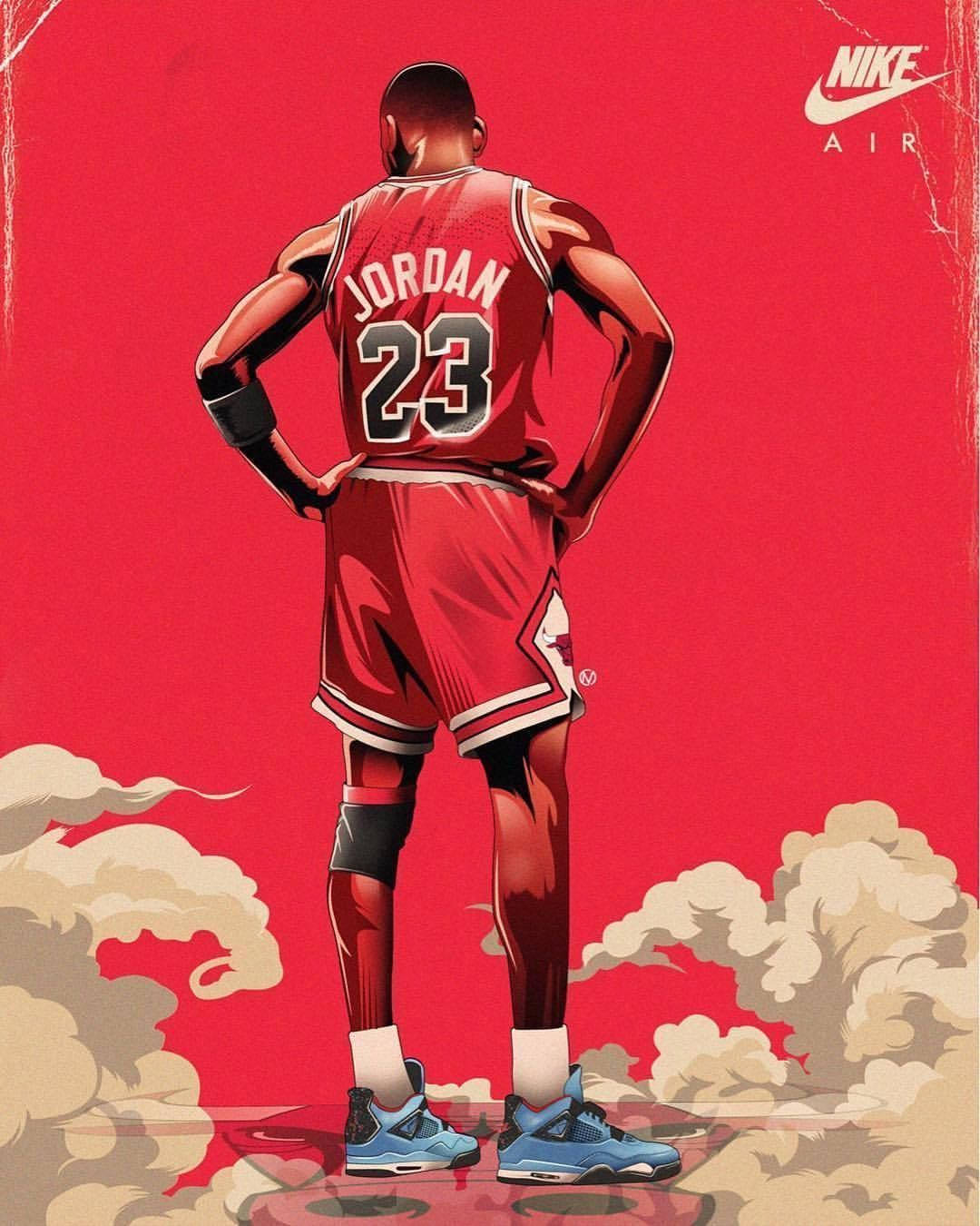 籃球 Jordan 桌布 壁紙 — 麥可喬丹身穿標誌性紅色23號球衣，雙手叉腰，站在充滿活力的紅色背景上，下方有雲朵的風格化插圖。