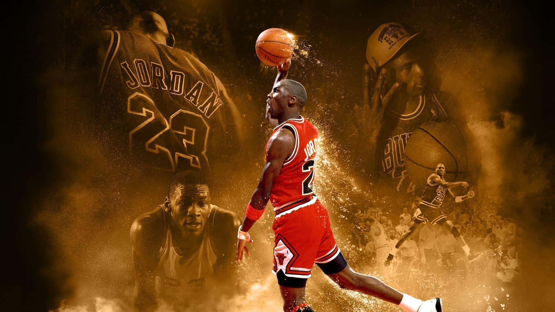 NBA Players 桌布 壁紙 — 麥可喬丹身穿標誌性紅色芝加哥公牛隊球衣，在空中跳起，手持籃球，被金色塵埃和他自己過去的幽靈般影像包圍。