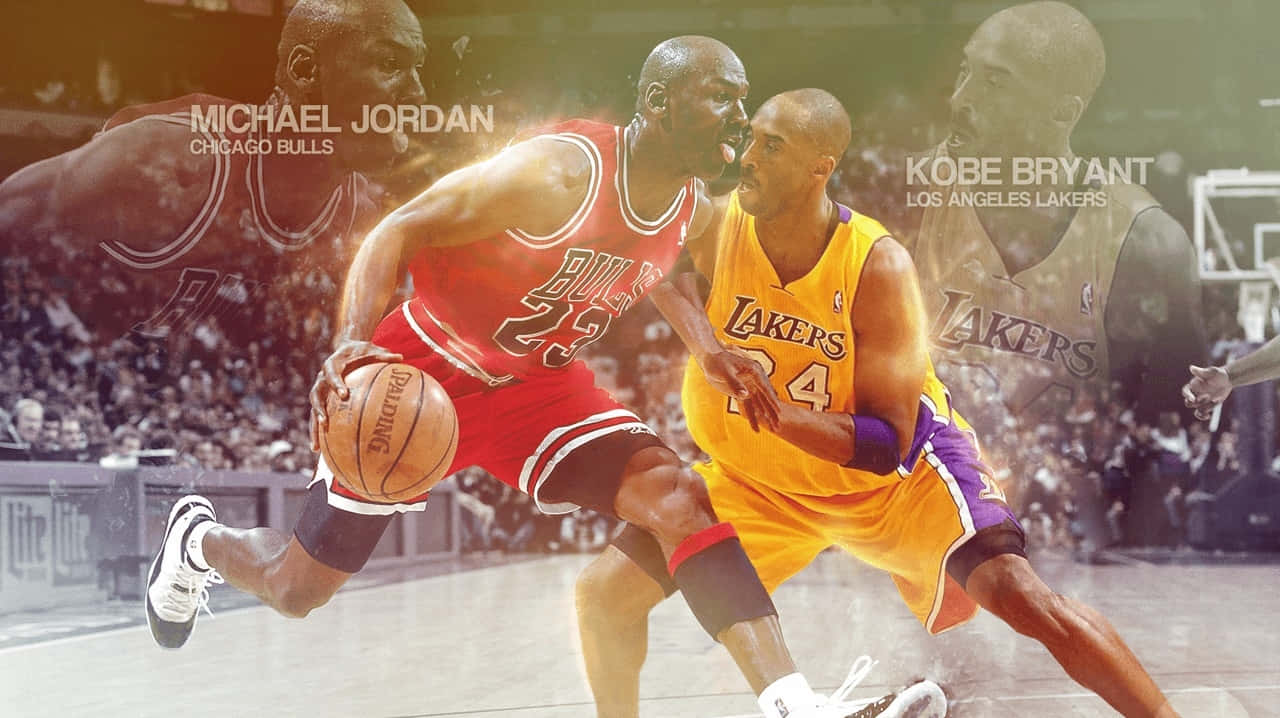 Jordan And Kobe 桌布 壁紙 — 麥可喬丹身穿紅色公牛球衣，在一場激烈的籃球比賽中運球越過身穿黃色湖人球衣的柯比布萊恩。