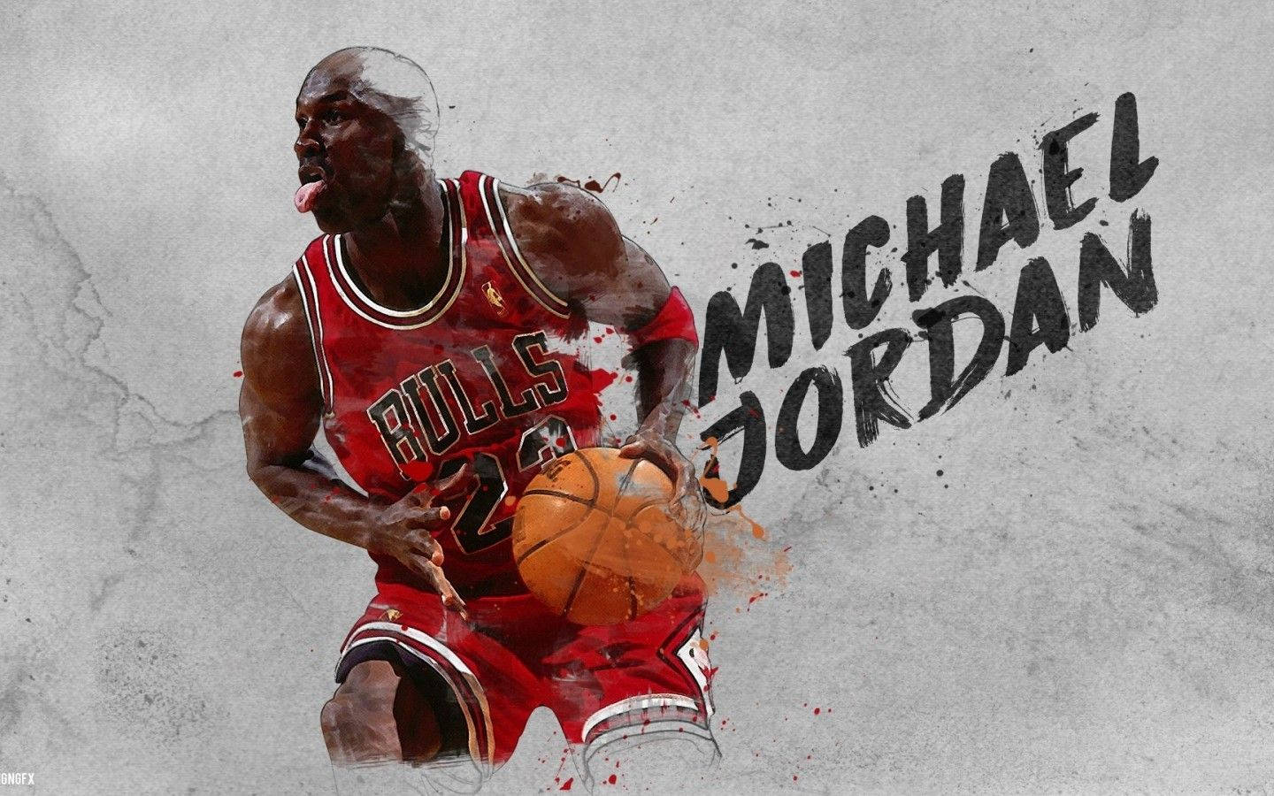 籃球 Jordan 桌布 壁紙 — 麥可喬丹身穿紅色公牛隊球衣，伸出舌頭運球，背景為紋理灰色。