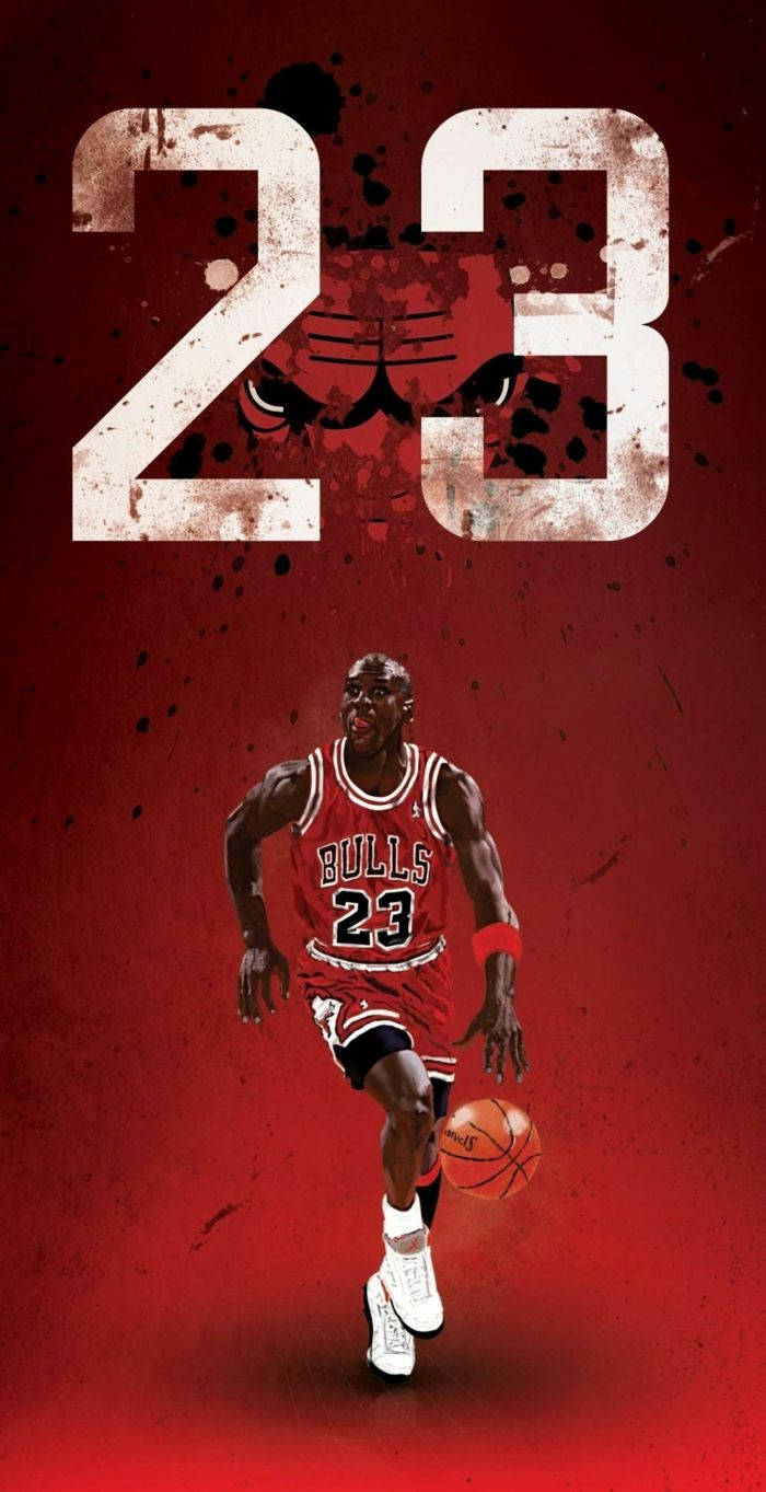 籃球 Jordan 桌布 壁紙 — 麥可喬丹身穿紅色公牛隊球衣，在一個巨大的破舊23號下方運球，背景是深紅色潑濺效果。
