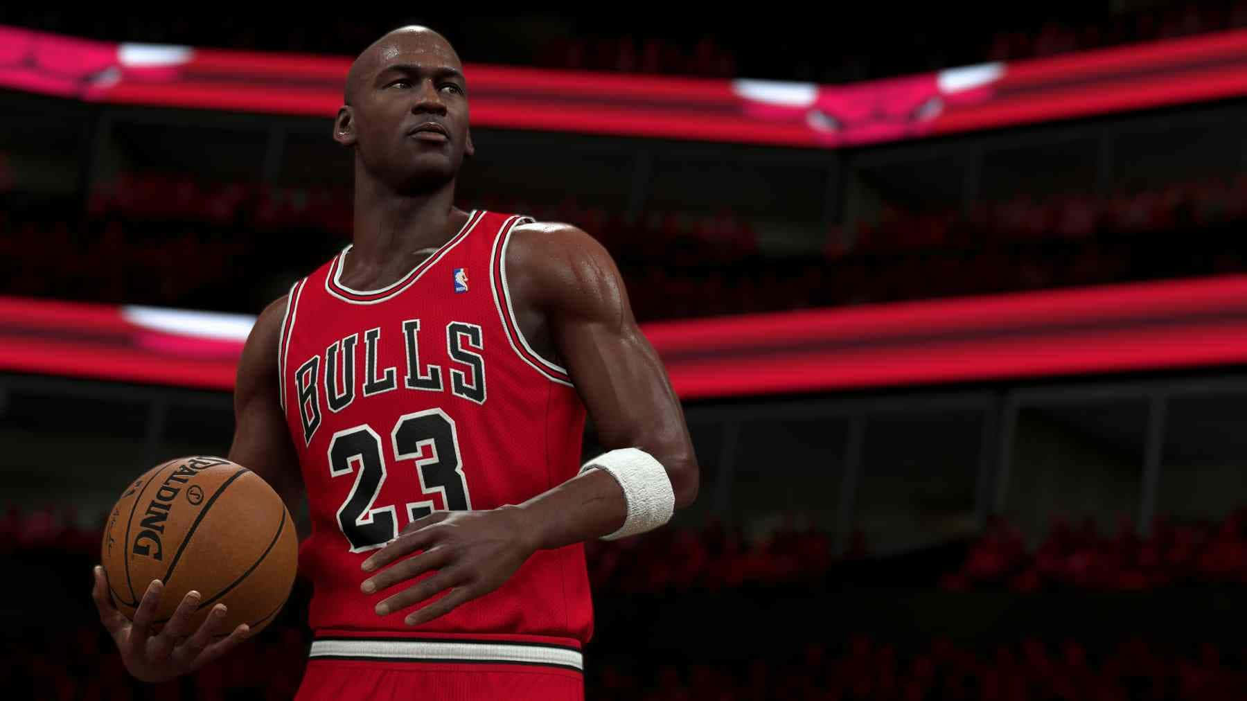 NBA 2k21 桌布 壁紙 — 麥可喬丹身穿紅色公牛隊球衣，在明亮的燈光下於球場上手持籃球。