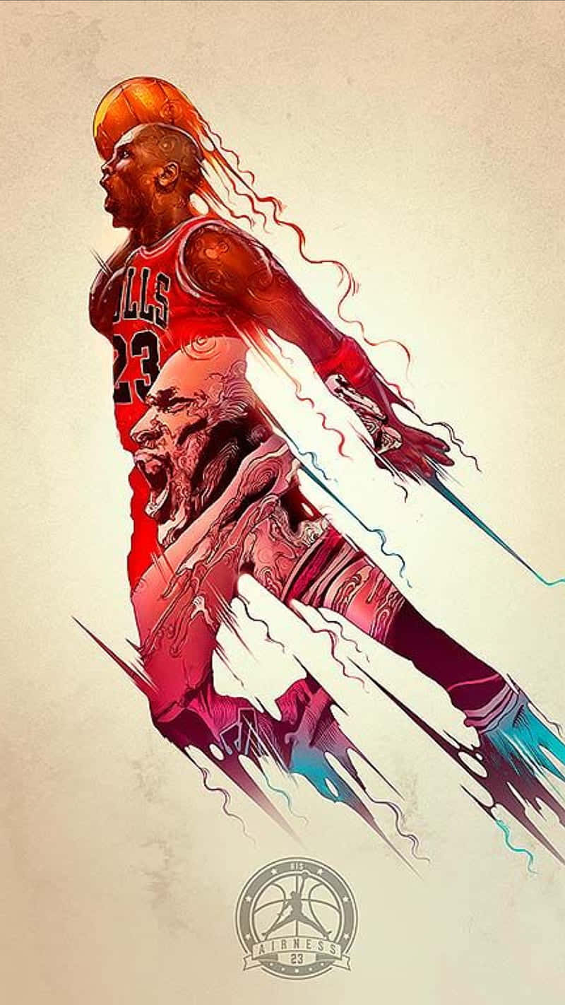 Jordan Logo Phone 桌布 壁紙 — 麥可喬丹身穿紅色公牛隊球衣，在空中持籃球的動態插圖，他的動作散發出彩色條紋。