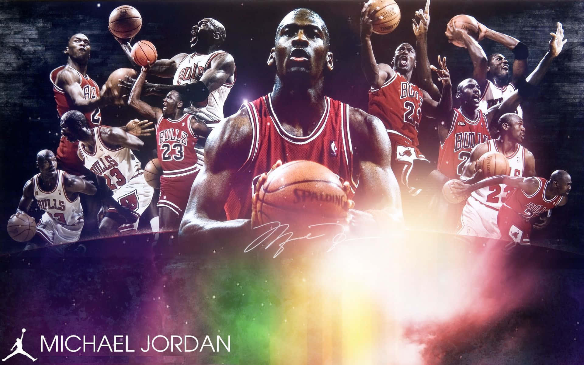 Jordan 桌布 壁紙 — 麥可喬丹身穿紅色公牛隊球衣，手持籃球置於畫面中央，周圍是動態動作鏡頭，背景為黑暗宇宙帶有彩虹光芒。