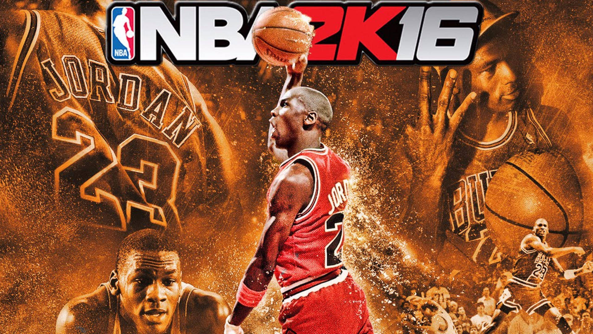 麥可喬丹身穿紅色球衣正在灌籃，背景有「NBA 2K16」標誌和他的臉。 — Michael B Jordan 壁紙