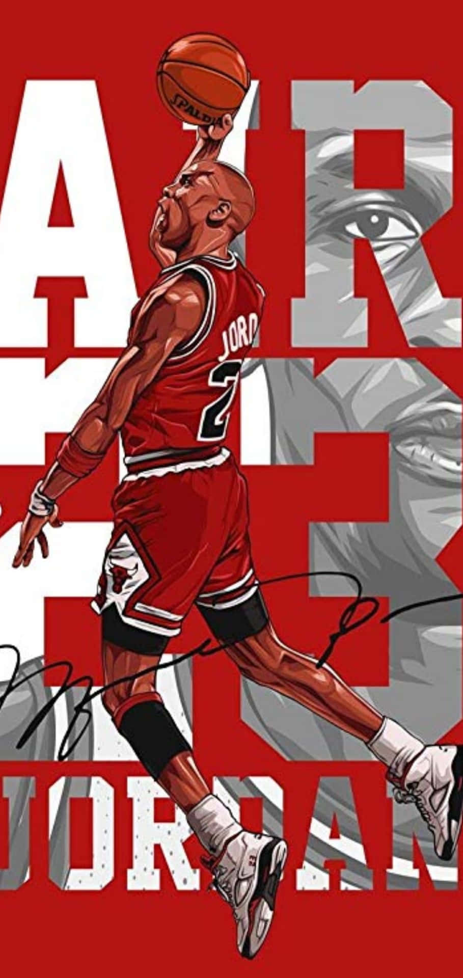 麥可喬丹身穿紅色球衣灌籃籃球，背景有「AIR JORDAN」文字和他的臉。 — Michael B Jordan 壁紙
