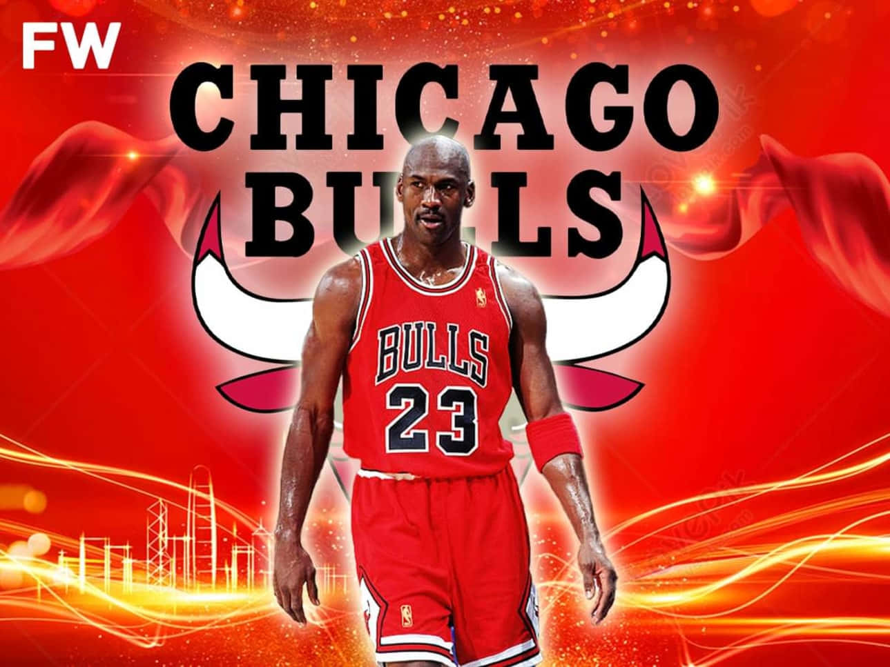 Jordan 桌布 壁紙 — 麥可喬丹身穿芝加哥公牛隊球衣，自信地站在火紅背景前，背景有發光的燈光條紋和球隊標誌。