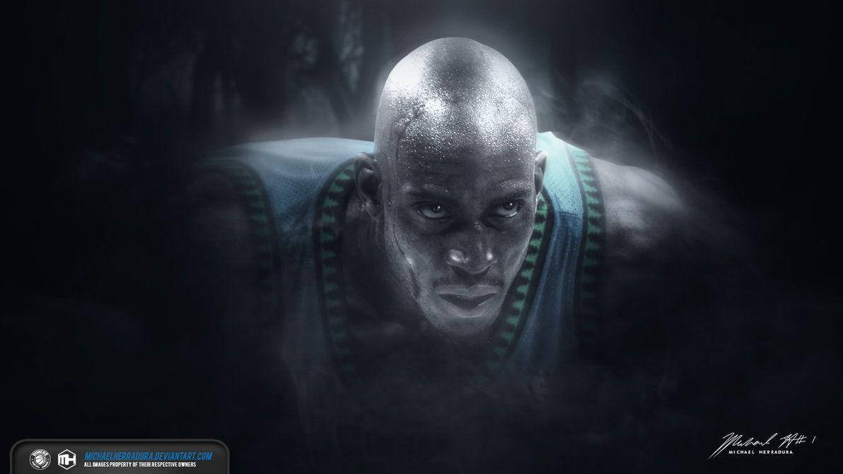 Kevin Garnett 桌布 壁紙 — 麥可喬丹身穿藍色球衣，帶有發光綠色飾邊，在黑暗煙霧背景中凝視的數位渲染特寫。