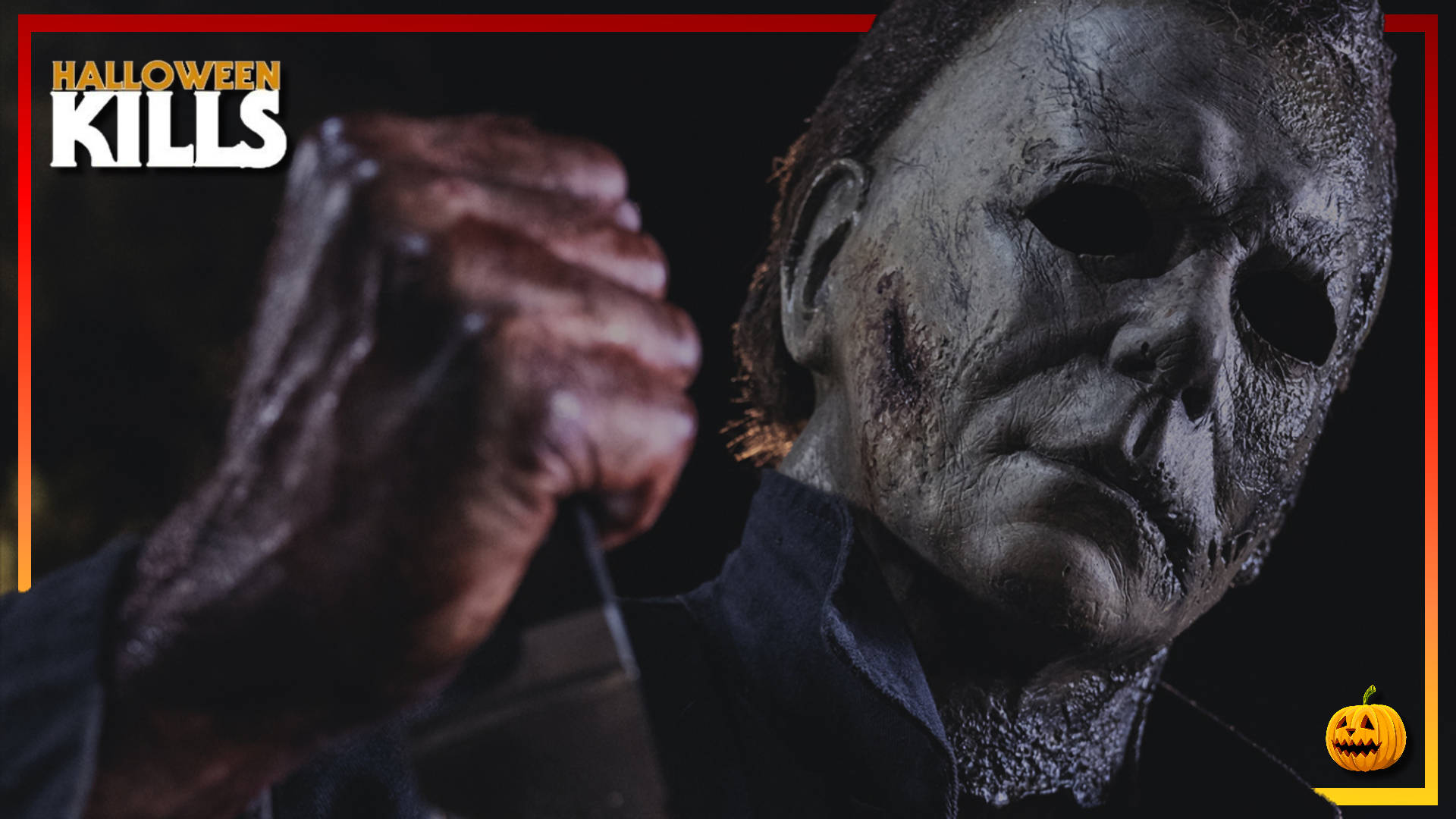 Halloween Kills 桌布 壁紙 — 麥可邁爾斯戴著標誌性的白色面具，在黑暗背景下手持刀具，表情陰沉。