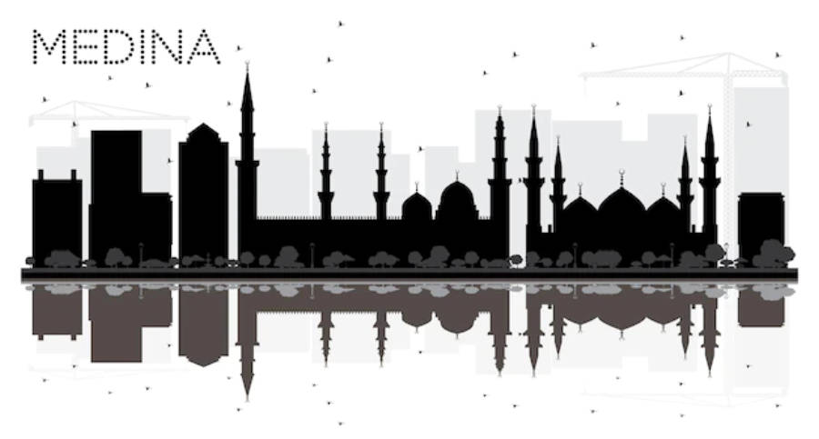 Madina 桌布 壁紙 — 麥地那天際線的黑白剪影，清真寺和現代建築倒映在水中。