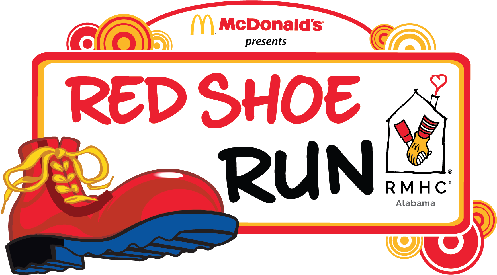 麥當勞 桌布 壁紙 — 麥當勞Red Shoe Run的鮮明標誌，特色是卡通紅鞋配黃色鞋帶和RMHC Alabama品牌標識。