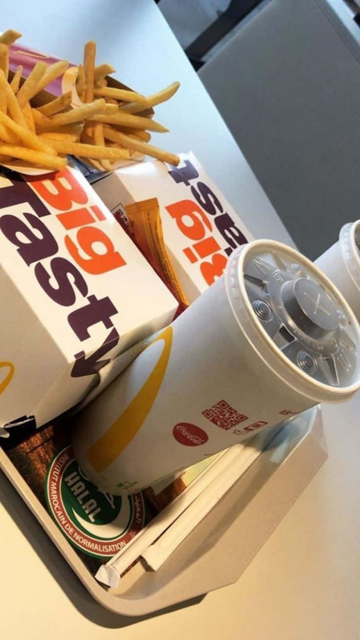 麥當勞 桌布 壁紙 — 麥當勞大麥克套餐（附薯條和飲料）放在托盤上的特寫。