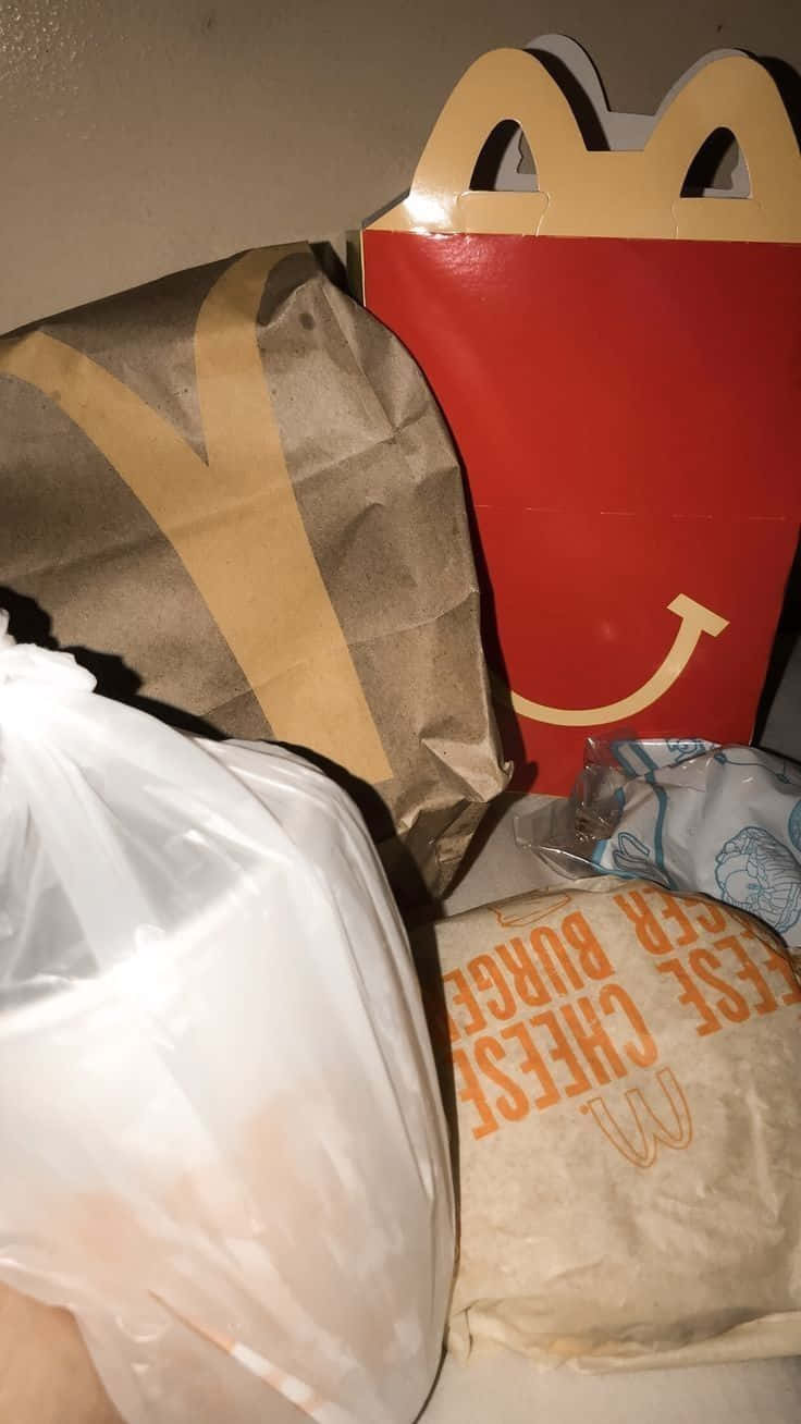 Mcdonalds 桌布 壁紙 — 麥當勞食物袋和包裝的特寫，包括一個紅色快樂兒童餐盒和起司漢堡包裝紙。