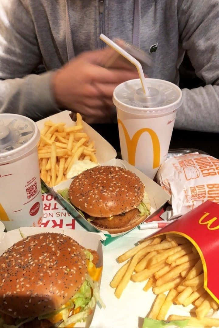 Man 桌布 壁紙 — 麥當勞餐點的近距離拍攝，桌上放有兩個漢堡、薯條和飲品，背景有一名穿著灰色連帽衫的人。