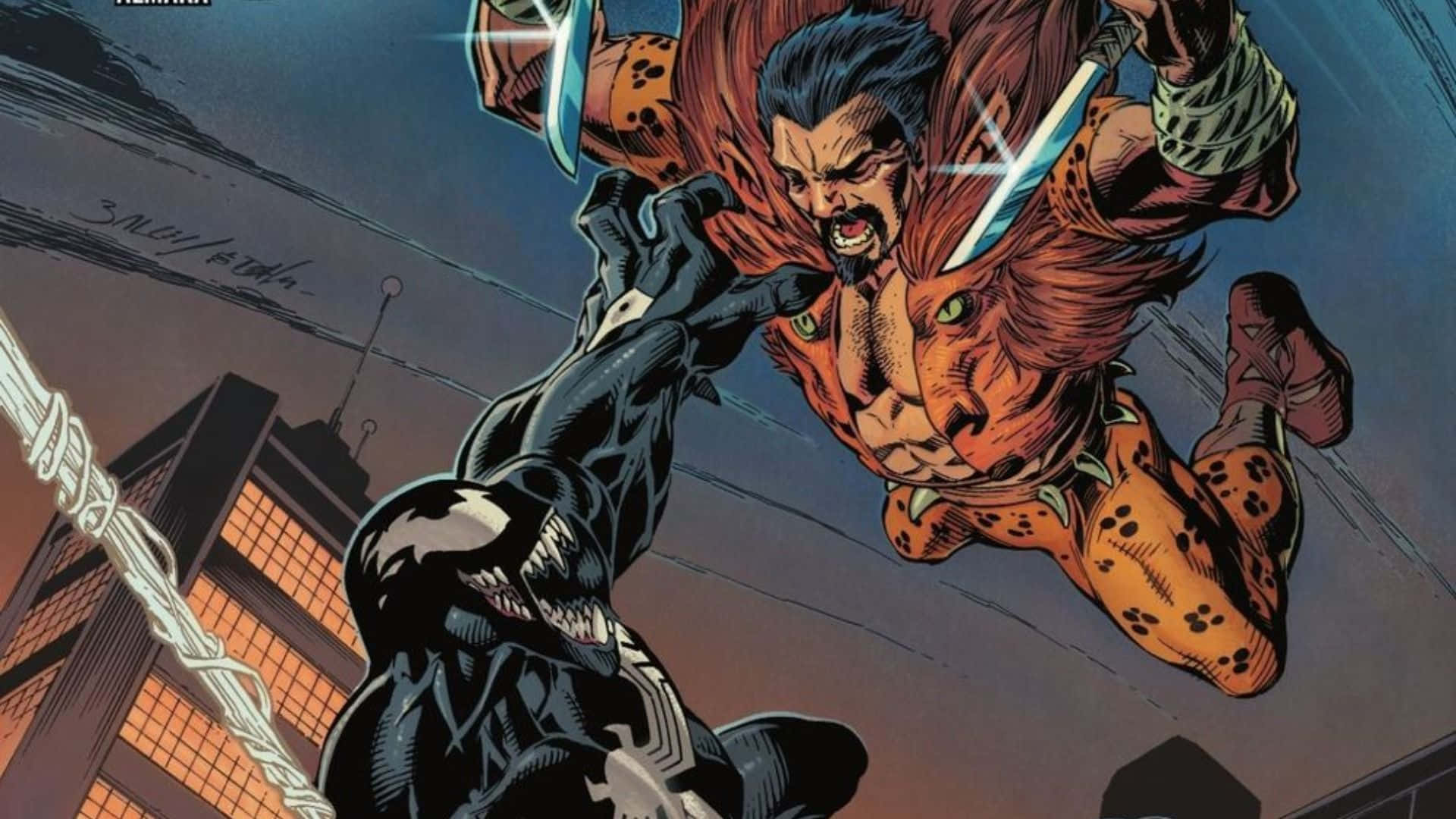 Kraven The Hunter 桌布 壁紙 — 黃昏城市景觀中，Venom 與一隻咆哮的橙色斑點貓戰士之間的激烈漫畫戰鬥。