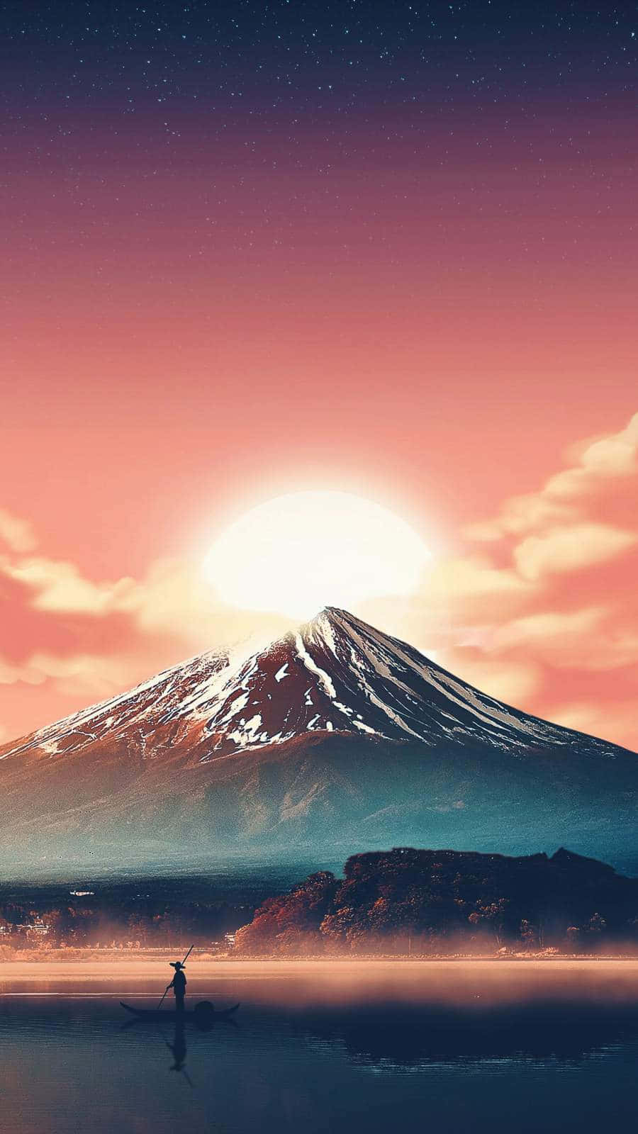日本 桌布 壁紙 — 黃昏時分，一位孤獨的漁夫在平靜的水面上划著小船，背景是雄偉的雪山。