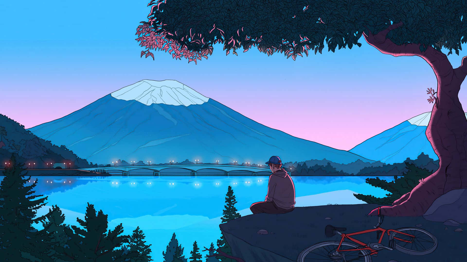 山景 桌布 壁紙 — 黃昏時分，一位孤獨的自行車騎士坐在湖邊的樹下，凝視著平靜水面中倒映的雄偉雪覆蓋的富士山。