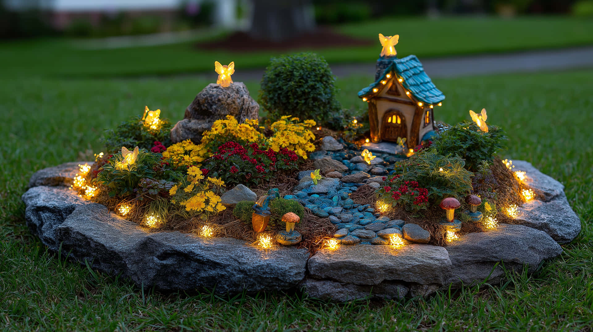 Whimsical Fairy Garden 壁紙 — 黃昏時分，一個奇妙的仙女花園，有一座發光的藍色屋頂小屋，周圍環繞著黃色花朵、紅色花朵、蘑菇和仙女燈，鑲嵌在石頭邊界中。