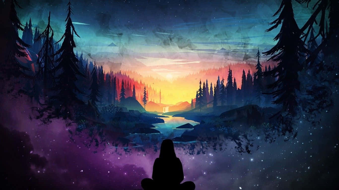 自然 桌布 壁紙 — 黃昏時分，一個孤獨的身影以剪影冥想，面向在紫色和橙色星空下發光的森林山谷。