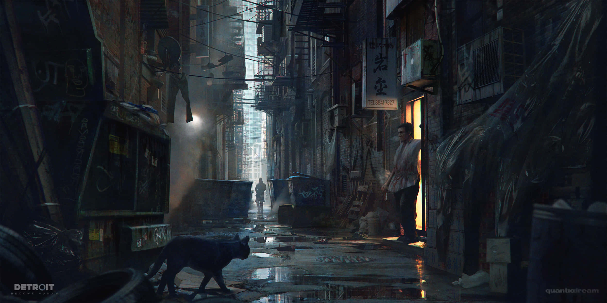 Alleyway 桌布 壁紙 — 黃昏時分，一個孤獨的身影和一隻黑貓在高聳的城市建築之間，穿過一條被雨水浸濕、佈滿塗鴉的小巷。
