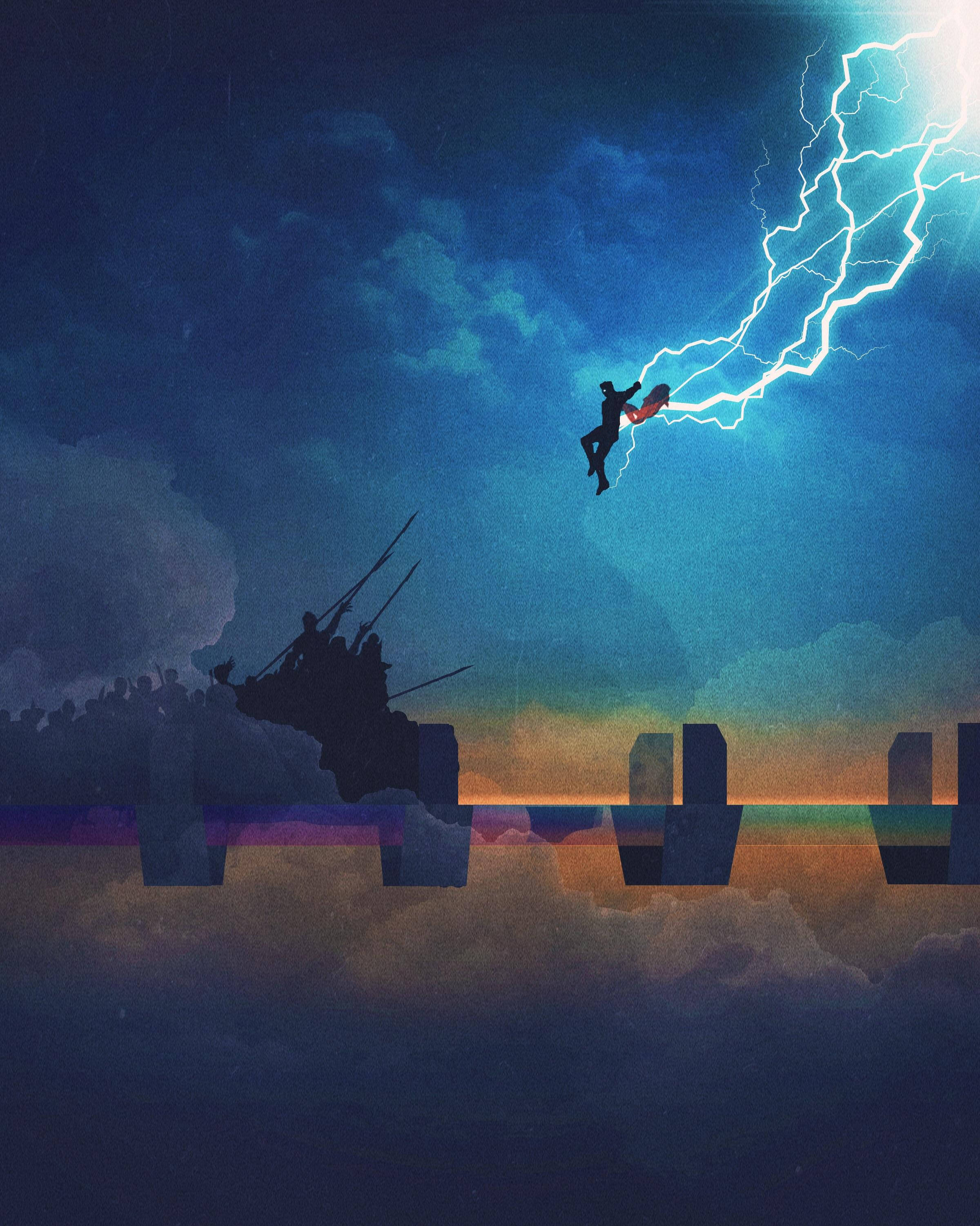 Thunderstorm 桌布 壁紙 — 黃昏時分，一個孤獨的身影在超現實的浮空城市景觀上方與閃電搏鬥。