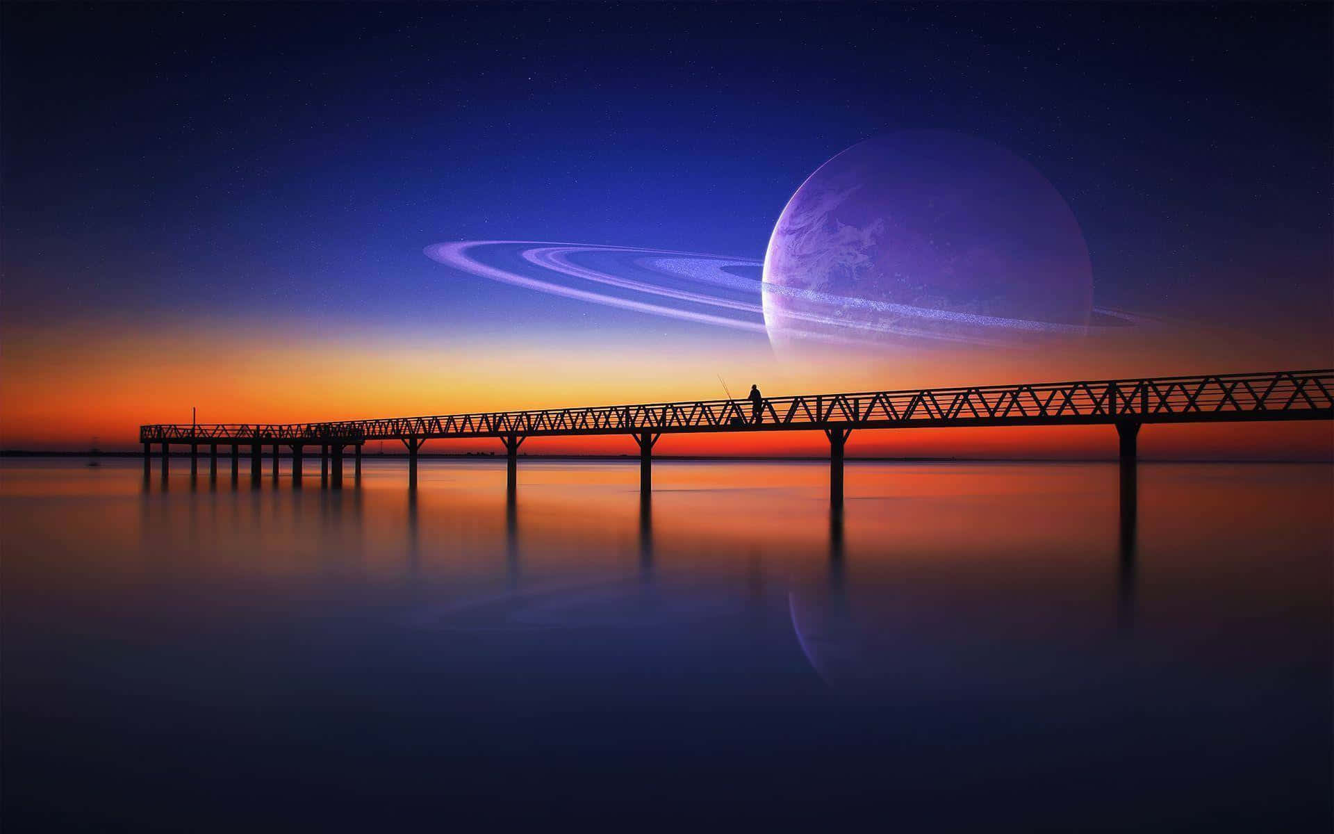 土星 桌布 壁紙 — 黃昏時分，一個孤獨的身影在長長的碼頭上行走，一顆巨大的環狀行星懸浮在超現實的天空中。