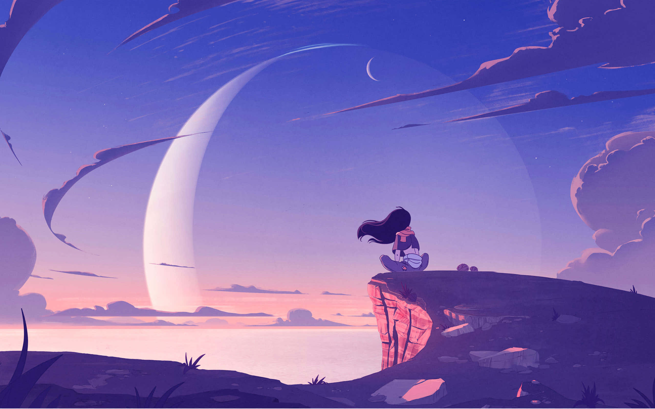 Beautiful Anime 桌布 壁紙 — 黃昏時分，一個孤獨的身影坐在懸崖頂上，凝視著平靜海面上巨大的新月和 swirling 雲彩。