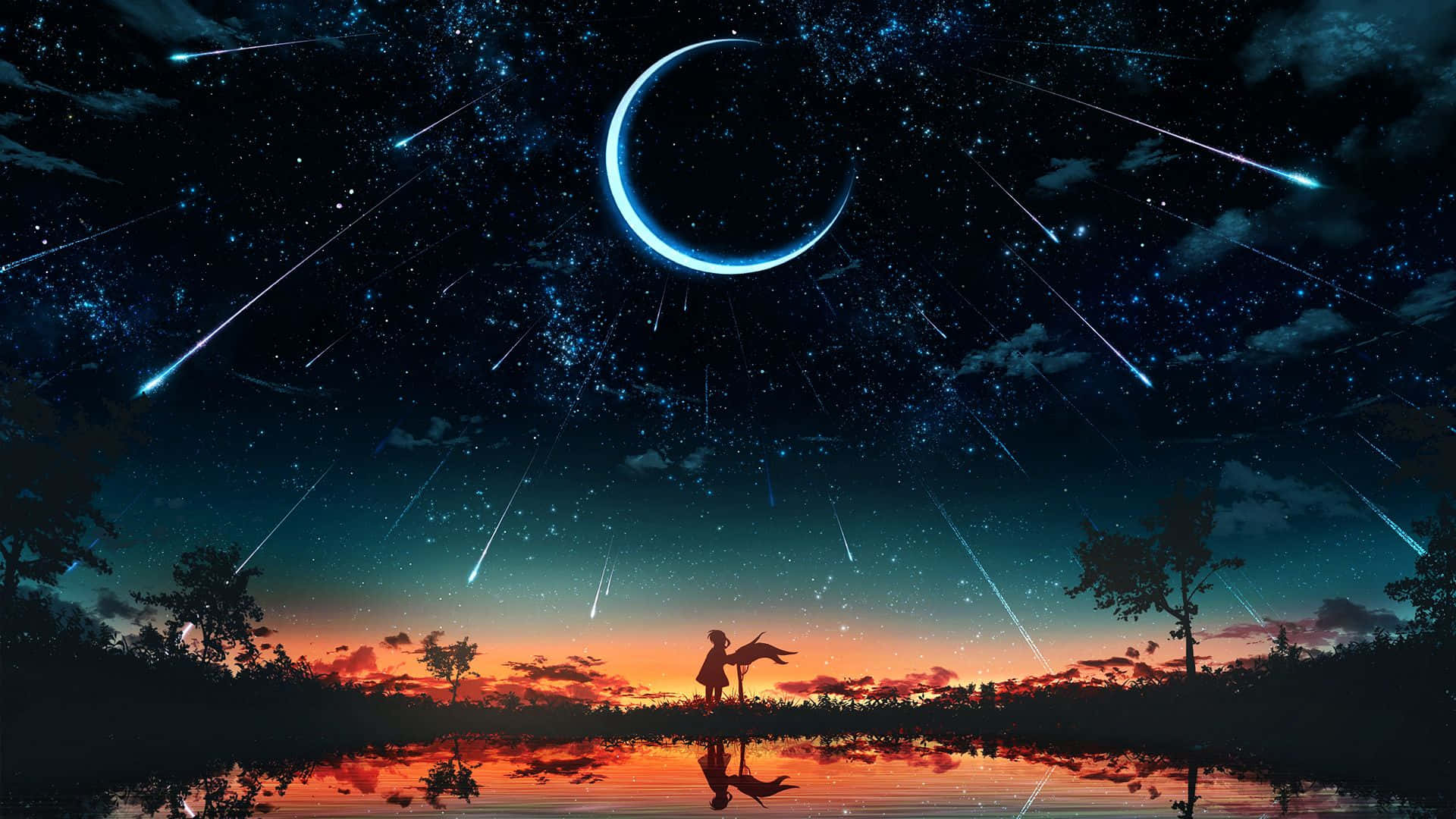 Stars 桌布 壁紙 — 黃昏時分，一個孤獨的身影站在寧靜的湖邊，一輪發光的彎月和流星劃過星空。