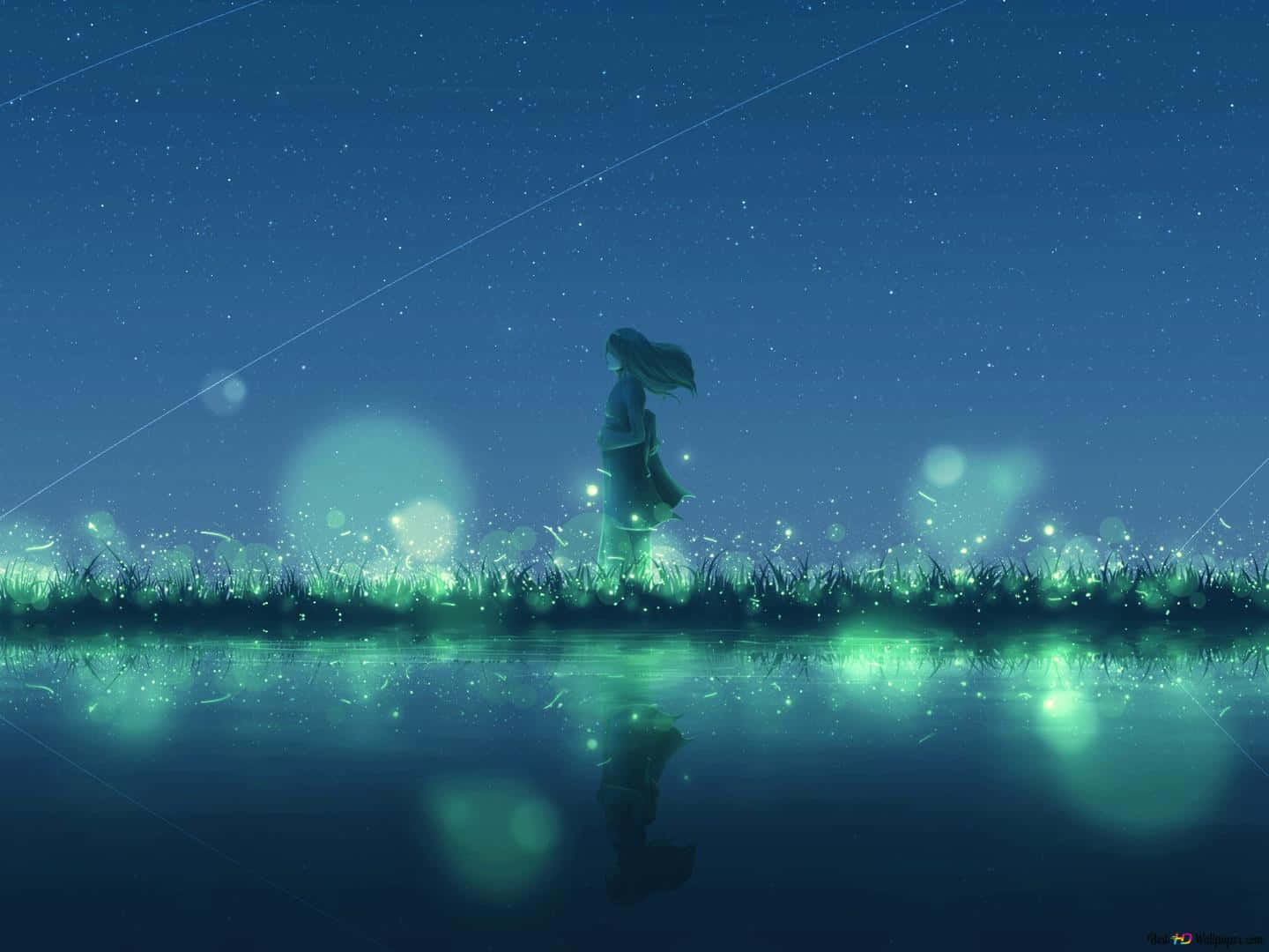 Firefly HD 桌布 壁紙 — 黃昏時分，一個孤獨的身影站在發光的草地上，倒映在平靜的水面上，頭頂是繁星點點的深藍色天空。