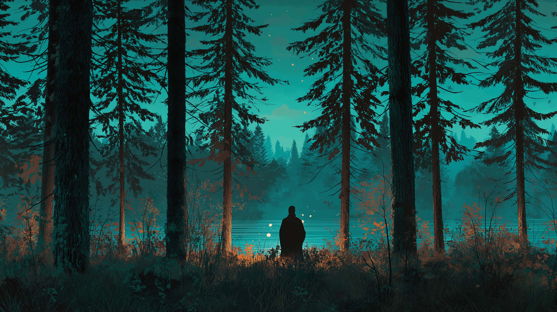 Figure by Lake in Pine Forest at Tranquil Dusk 壁紙 — 黃昏時分，一個孤獨的身影站在霧氣瀰漫的森林中，發光的球體漂浮在平靜的湖面附近，上方是繁星點點的藍綠色天空。