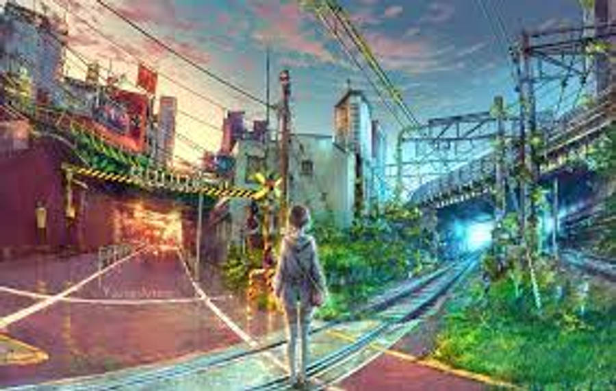 Urban Art 桌布 壁紙 — 黃昏時分，一個孤獨的身影走在一條霓虹燈照亮、佈滿發光招牌和茂密植物的城市小巷中。