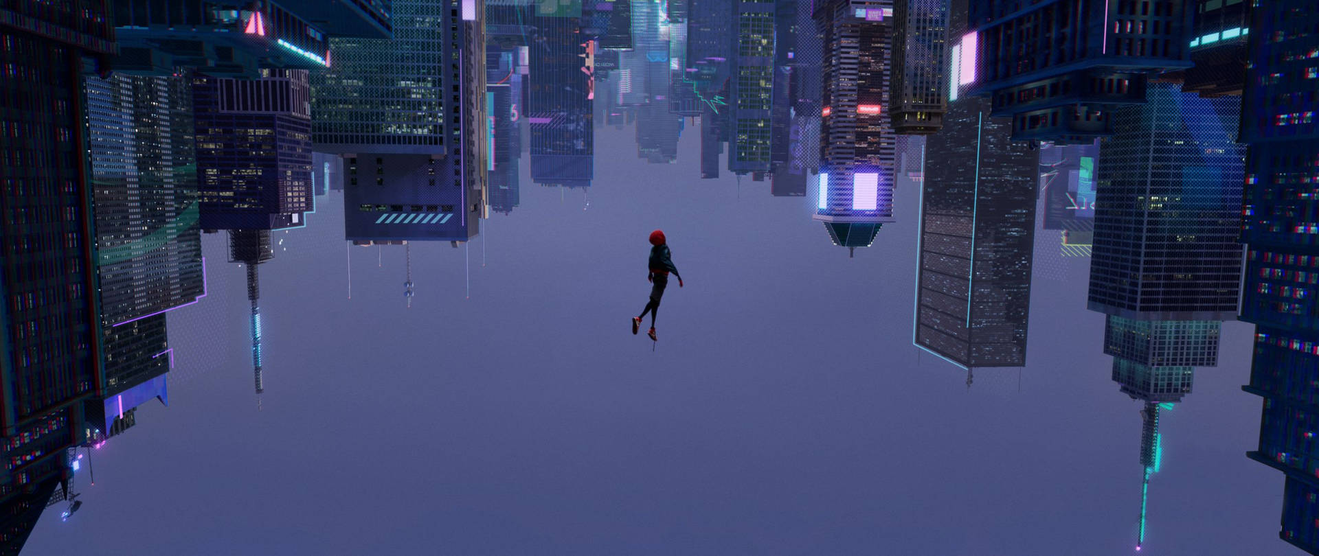 夜晚在霓虹城市中，人在鏡面摩天大樓之間滑行。 — 2560x1080 動態桌布 壁紙